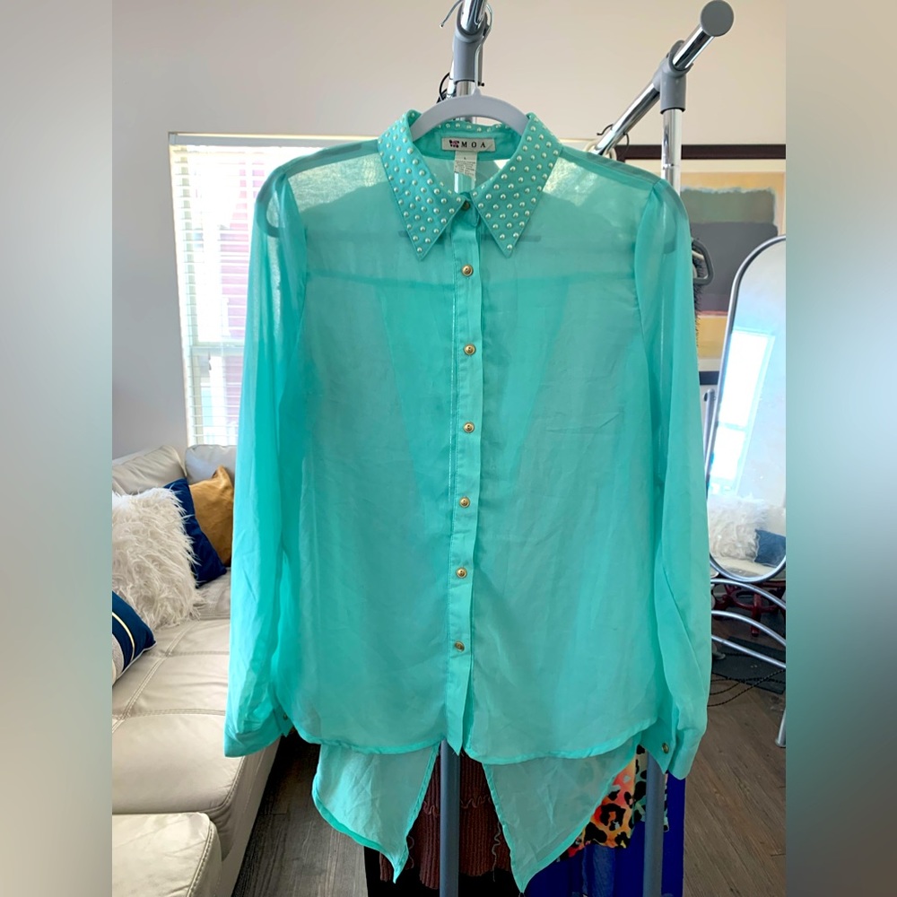 Sheer long sleeved button down blouse with pearl collar, aqua, large